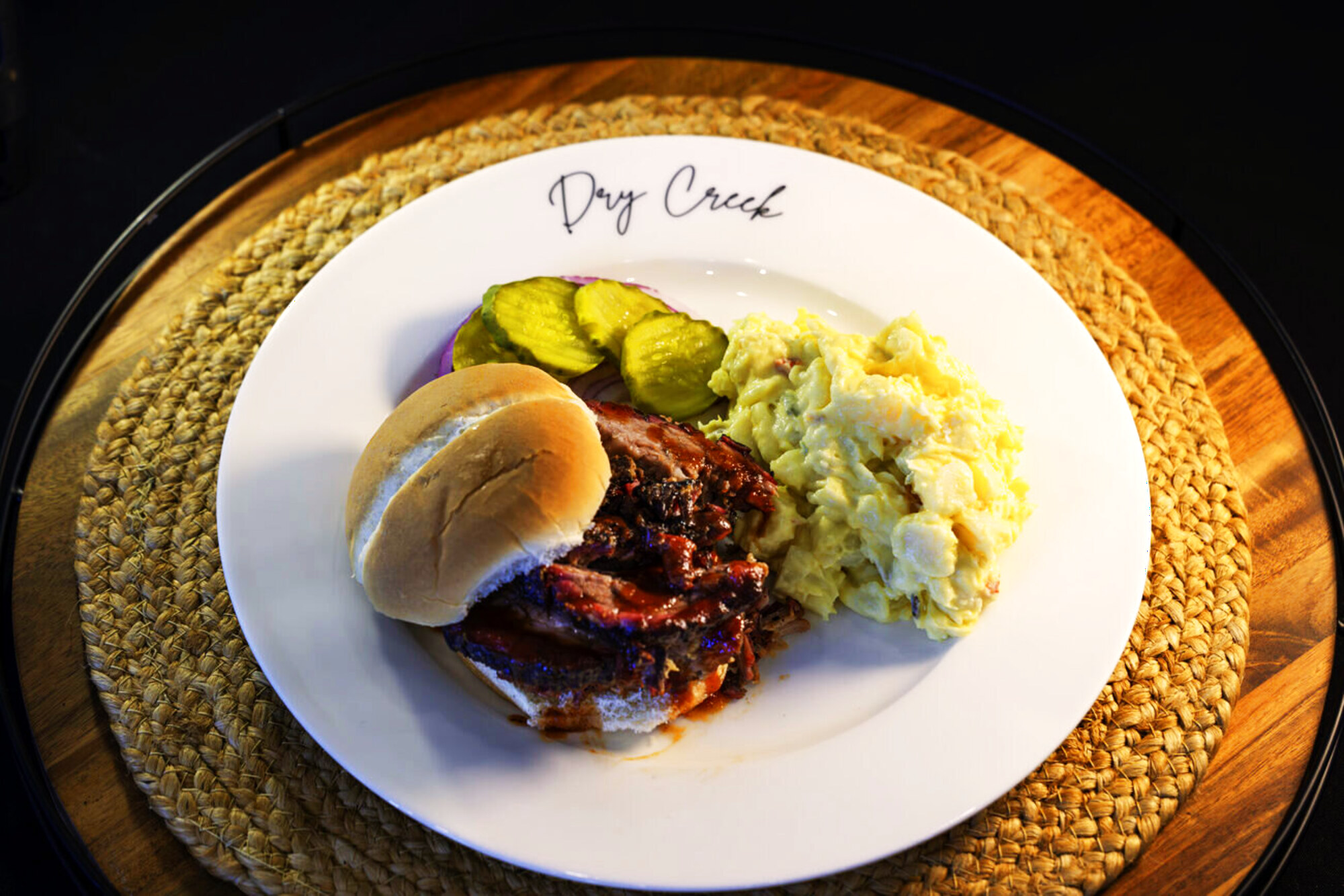 A plated appetizer on a Dry Creek-branded plate