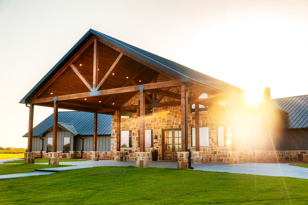 The covered pavilion at The Lodge at Dry Creek at golden hour