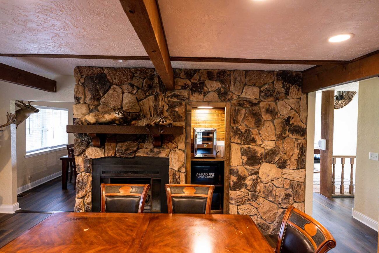 The stone fireplace at Pecan Creek